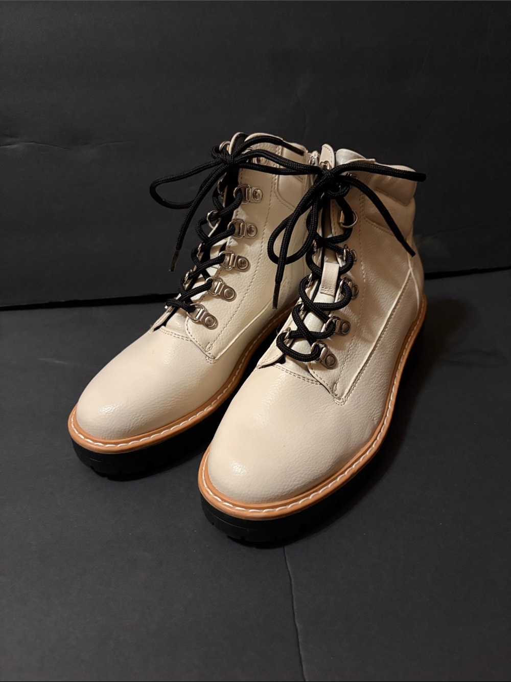 Limelight Cream Lace-Up Combat Style Ankle Boots with Black Laces